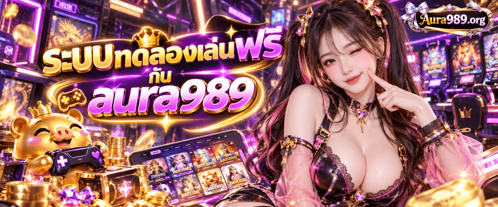 กราฟิกจำลองหน้าต่าง ทดลองเล่นค่ายเกมออนไลน์ aura989 เครดิตฟรีแจกจริง แสดงตู้เกมนีออนพรีเมียมและปุ่มกดทดสอบระบบสีเขียว