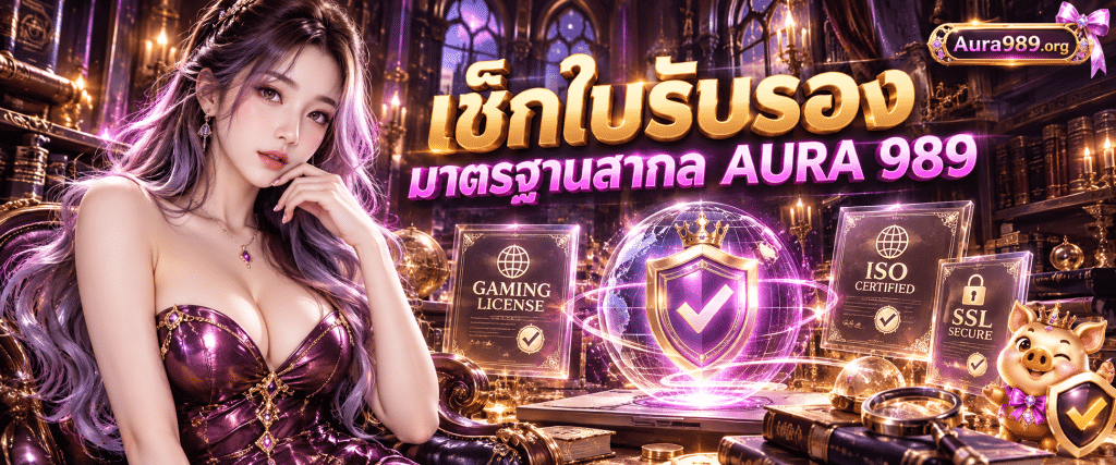 สมุดปกหนังสีน้ำเงินวางเปิดอยู่บนโต๊ะทำงานแสดง วิธีเช็กใบเซอร์สากล AURA 989 มาตรฐานระดับโลก พร้อมตราประทับโฮโลแกรมความปลอดภัย